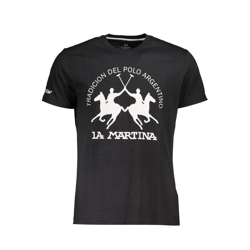 La Martina Black Cotton Men T-Shirt with bold polo design and logo, regular fit, crew neck for style-savvy fashion enthusiasts.