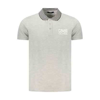 Cavalli Class Gray Cotton Polo Shirt with short sleeves, 3 buttons, logo, and contrasting print details.