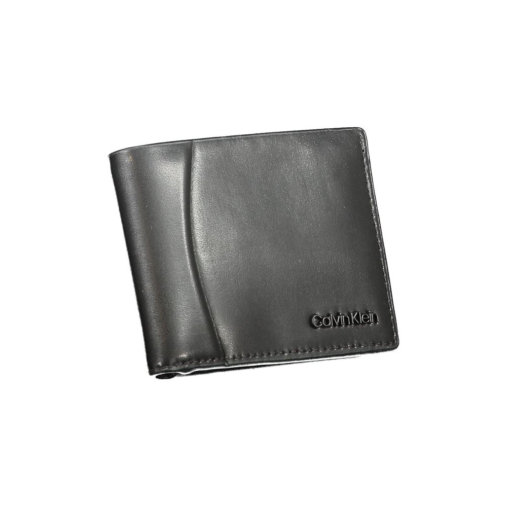 Calvin Klein Black Leather Wallet with RFID blocking and contrast details, featuring double card spaces and embossed logo.