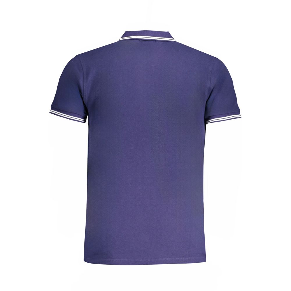 Back view of Cavalli Class Blue Cotton Polo Shirt with short sleeves, 3 buttons, contrast details, and embroidery logo.