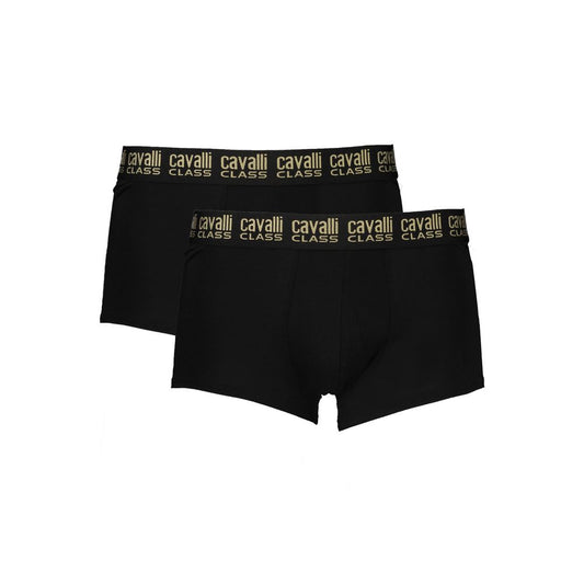Cavalli Class Black Cotton Men Boxer bi-pack with logo waistband, offering comfort and style with breathable cotton and stretch.