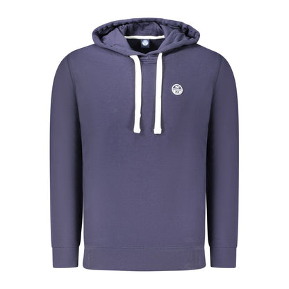 North Sails Blue Cotton Men Sweater with hood, brushed texture, and bold logo for casual style and comfort.