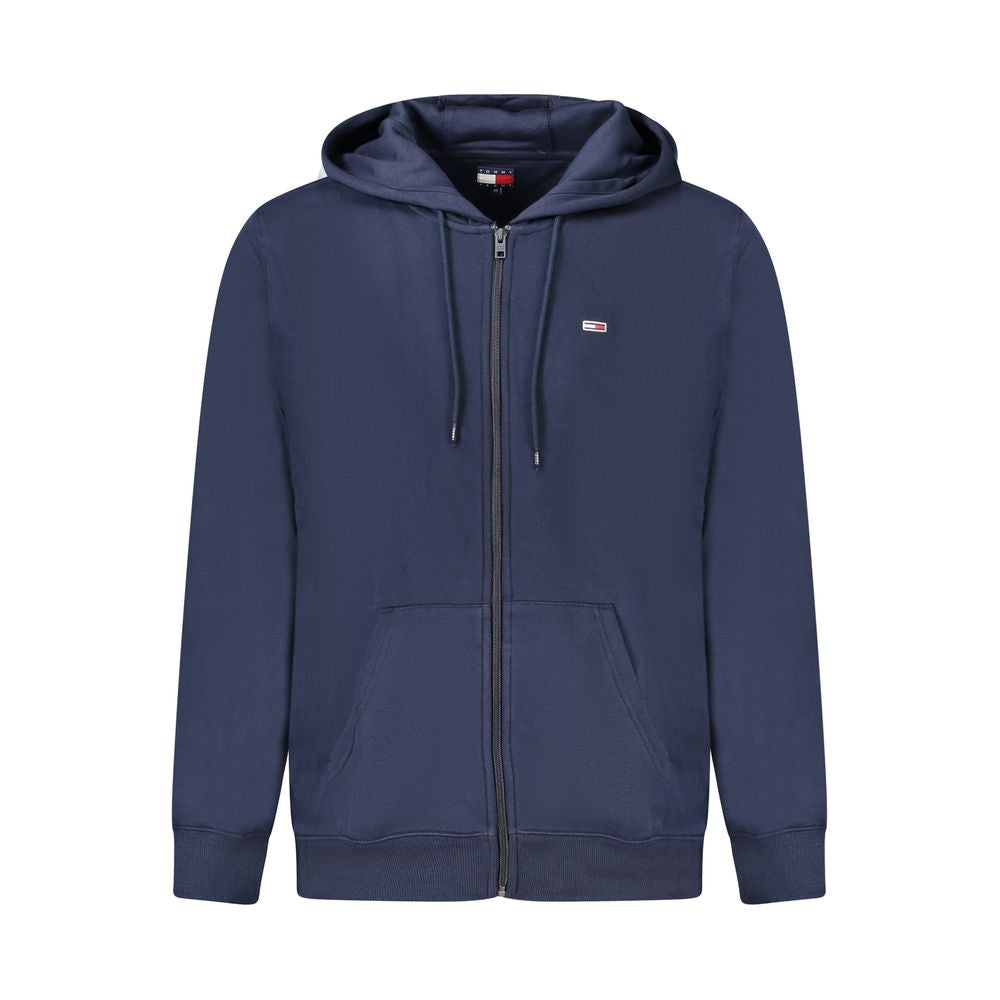 Tommy Hilfiger Blue Cotton Men Sweater with hood, full zip, and logo embroidery, featuring central pockets for style and comfort.