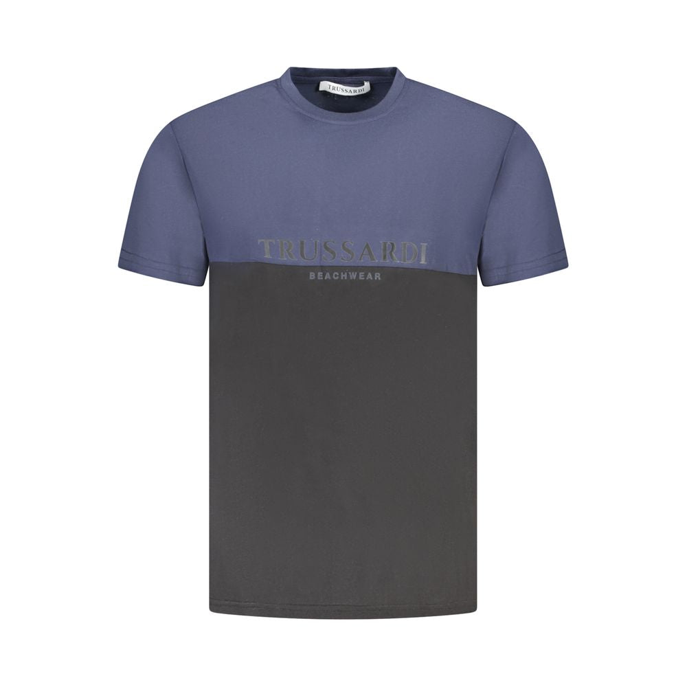 Trussardi Blue Cotton Men T-Shirt with two-tone design and logo print. Fashionable short sleeve crew neck Tee for men.
