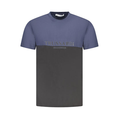 Trussardi Blue Cotton Men T-Shirt with two-tone design and logo print. Fashionable short sleeve crew neck Tee for men.