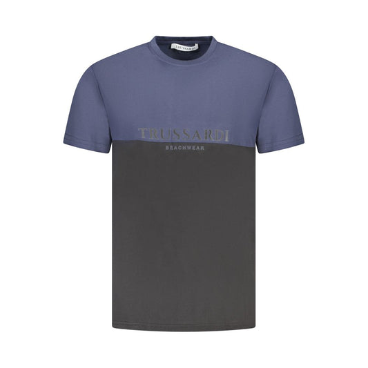 Trussardi Blue Cotton Men T-Shirt with two-tone design and logo print. Fashionable short sleeve crew neck Tee for men.