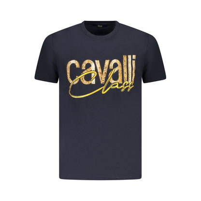 Cavalli Class Blue Cotton Men T-Shirt with iconic logo and distinctive print on a short sleeve crewneck, showcasing luxury and bold style.