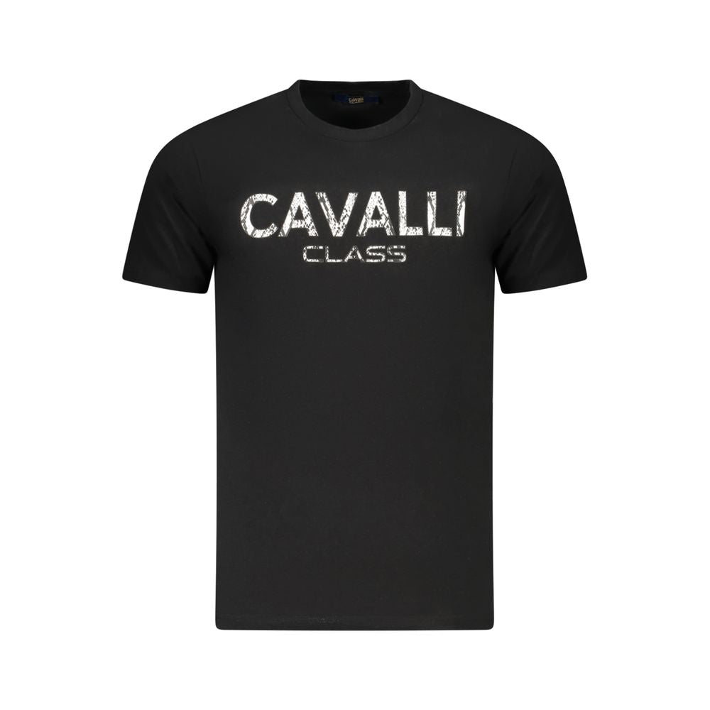 Cavalli Class Black Cotton Men T-Shirt with bold logo print, high fashion design, and premium comfort fit.