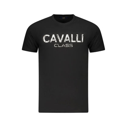 Cavalli Class Black Cotton Men T-Shirt with bold logo print, high fashion design, and premium comfort fit.