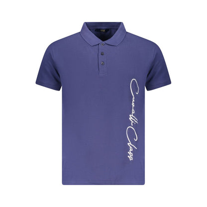 Cavalli Class Blue Cotton Men Polo Shirt with bold print and logo, short sleeves, crafted from pure cotton for style and comfort.