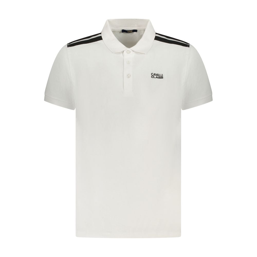 Cavalli Class White Cotton Men Polo Shirt with short sleeves and embroidery logo, featuring elegant contrasting details and Italian style.