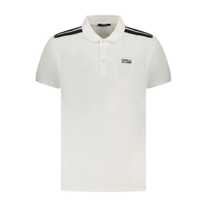 Cavalli Class White Cotton Men Polo Shirt with short sleeves and embroidery logo, featuring elegant contrasting details and Italian style.