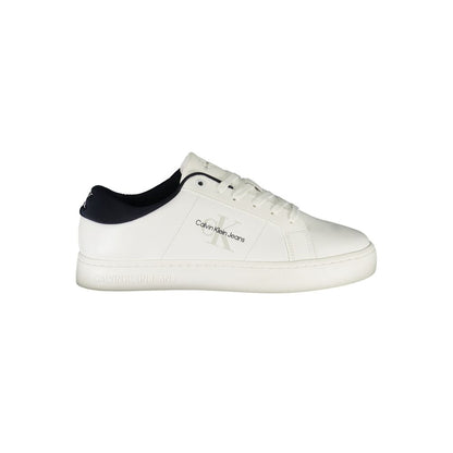 Calvin Klein White Leather Men Sneaker with blue accents showcasing modern design and sustainable 50% recycled thermoplastic rubber sole.