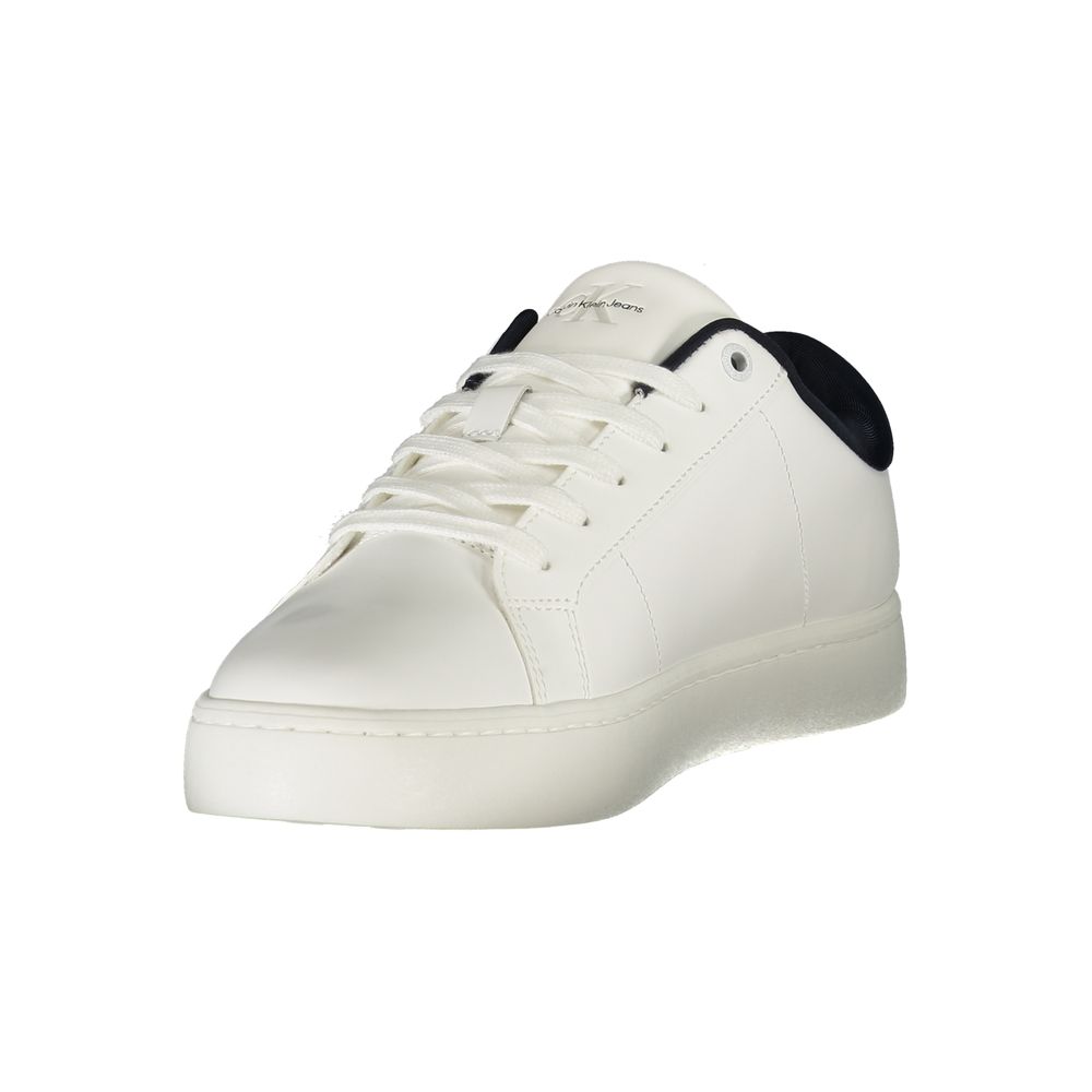 Calvin Klein White Leather Men Sneaker with blue accents and recycled sole, blending style with sustainability for modern comfort.