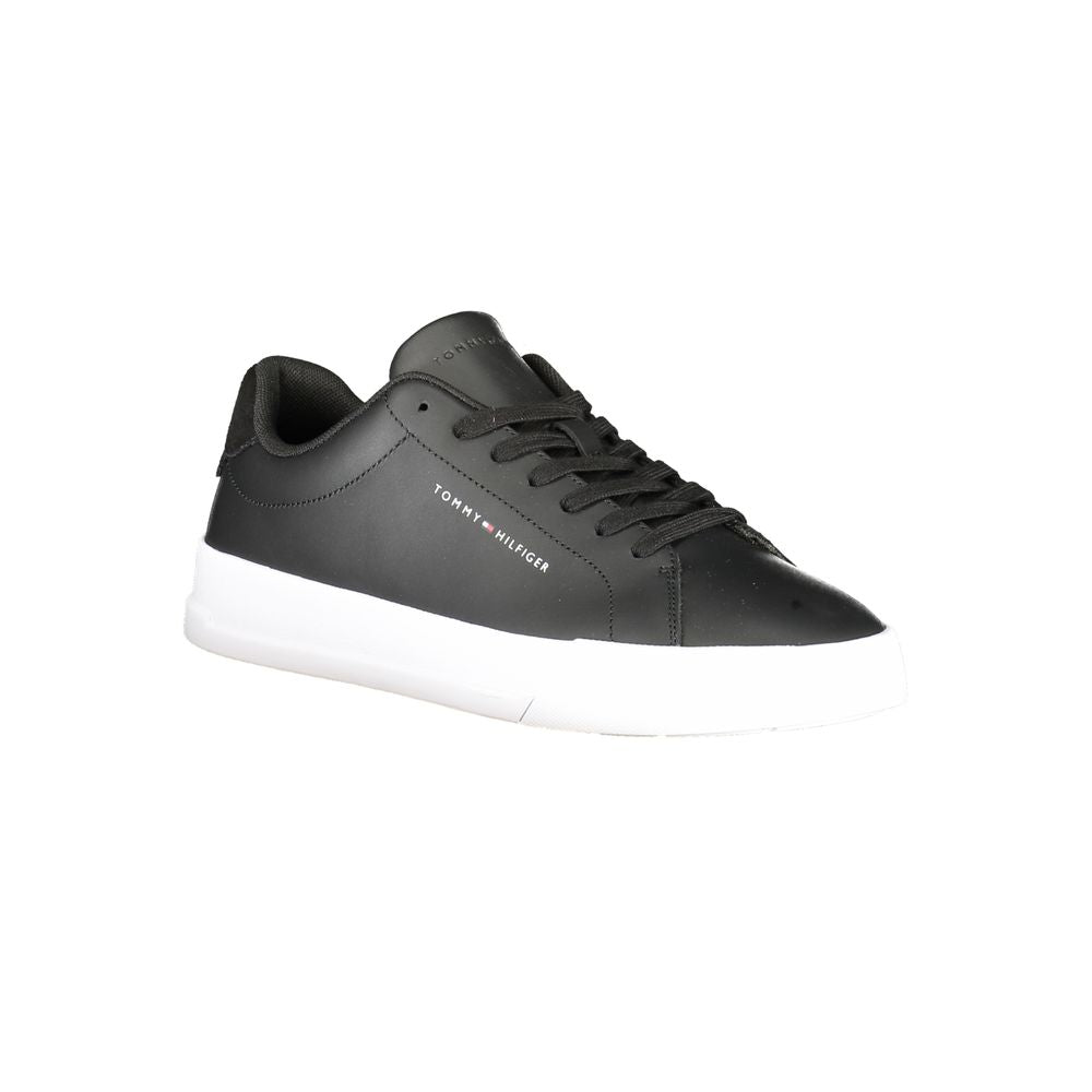 Tommy Hilfiger Black Leather Men Sneaker with logo and removable footbed, featuring contrasting details for a stylish athletic look.