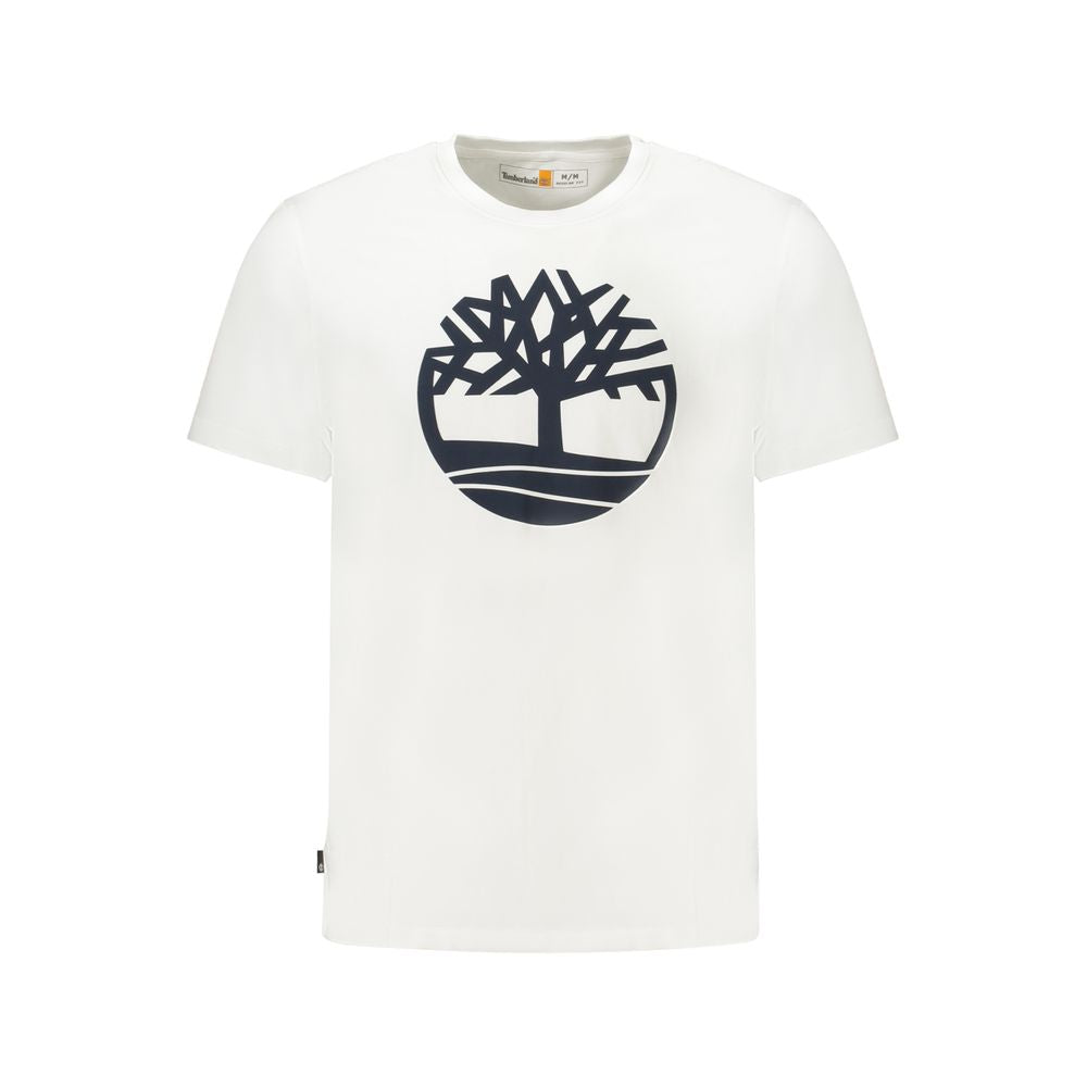 Timberland White Cotton Men T-Shirt featuring bold logo print, crafted from pure cotton for ultimate comfort and casual style.