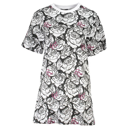 Cavalli Class White Cotton Women Dress with bold floral print and round neckline for chic daytime elegance.