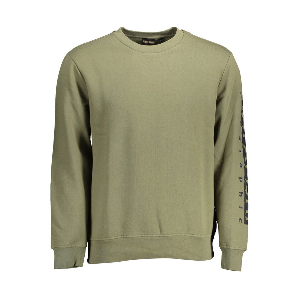 Napapijri Green Cotton Men Sweater with crew neck and logo on sleeve, a versatile and stylish addition to any wardrobe for casual comfort.