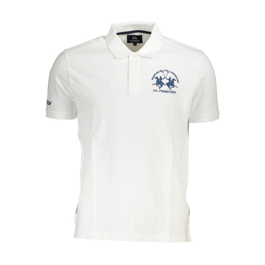 La Martina White Cotton Men Polo Shirt with embroidered logo, short sleeves, and 2-button placket for modern style.