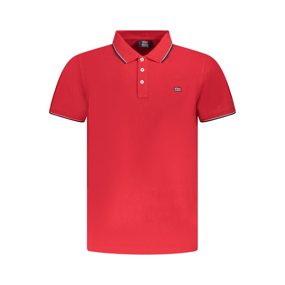 Norway 1963 Red Cotton Polo Shirt with short sleeves, three buttons, contrasting details, and logo application.