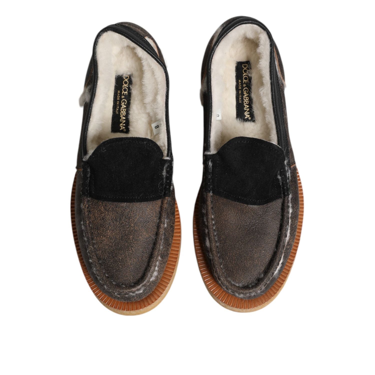 Dolce & Gabbana Brown White Calfskin Leather Loafers Shoes