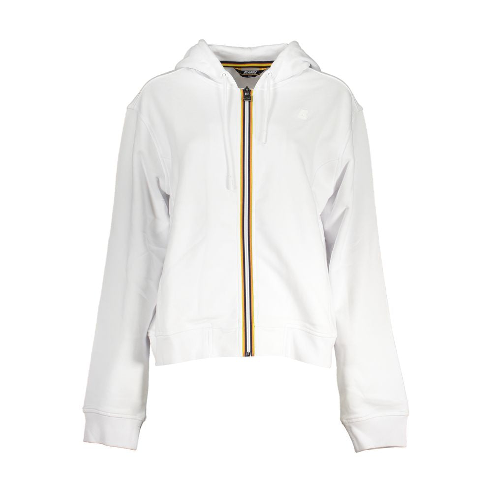 K-WAY White Cotton Women Sweater with hood and zip-up design, featuring contrast details and iconic logo, perfect for casual wear.