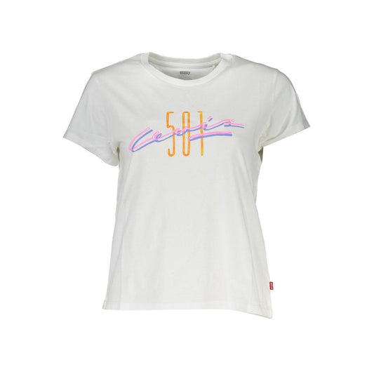 Levi's White Cotton Women T-Shirt featuring bold graphic on front, crew neck design, made from soft breathable cotton for iconic style.