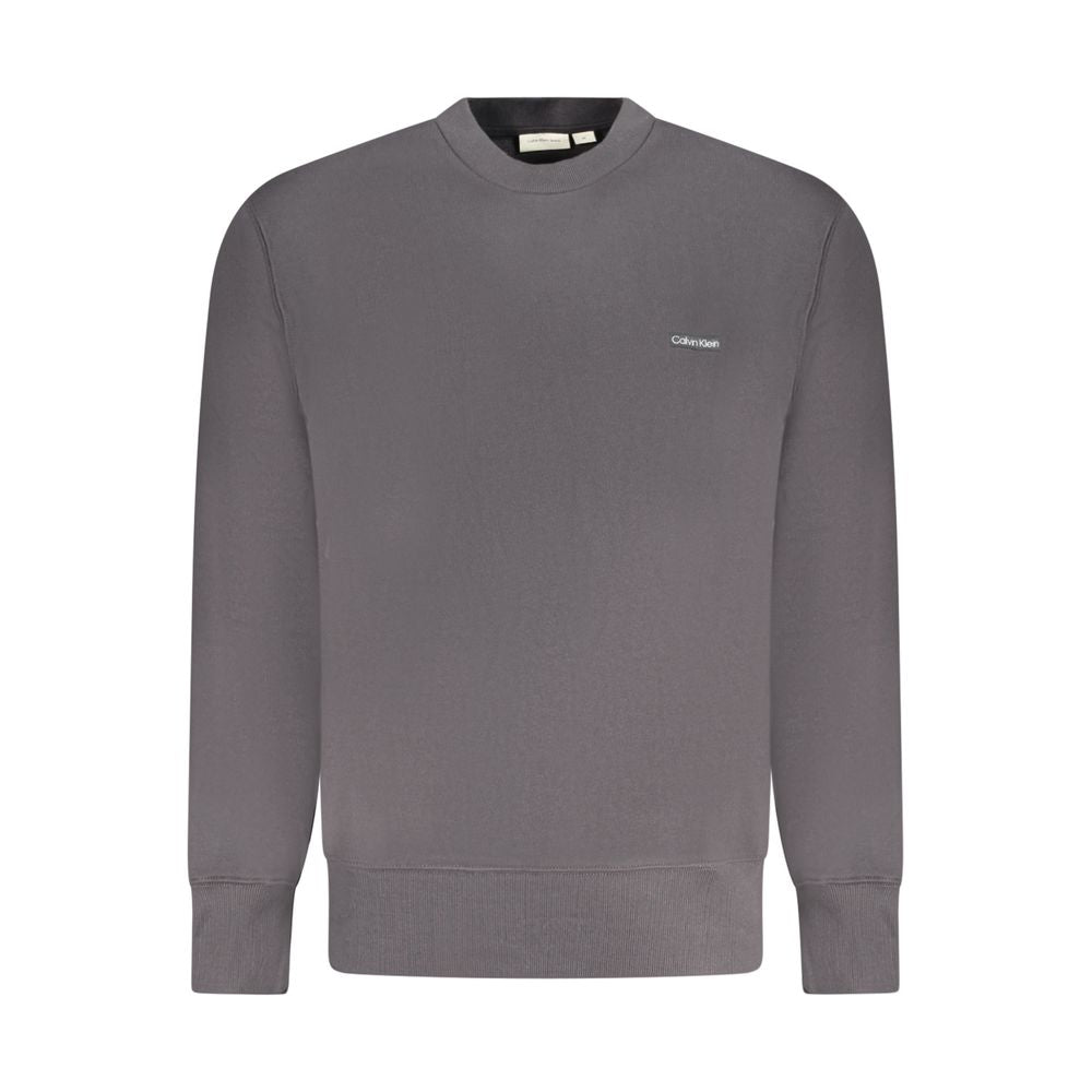 Calvin Klein Black Cotton Men Sweater with logo on a gray background, showcasing sleek style and sustainability.