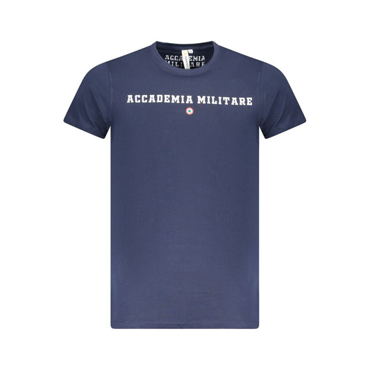 Alt Tag: Accademia Militare Blue Cotton T-Shirt with short sleeves, crew neck, logo, and print design.