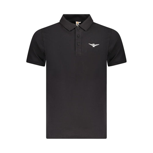 Accademia Militare Black Cotton Polo Shirt with eagle logo, short sleeves, 3 buttons, and print design
