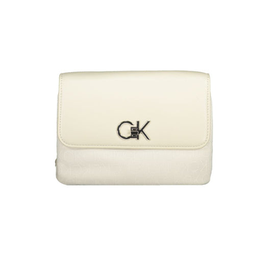 Calvin Klein Beige Polyester Handbag with chain handle, adjustable strap, card pocket, swivel closure, and logo detail.