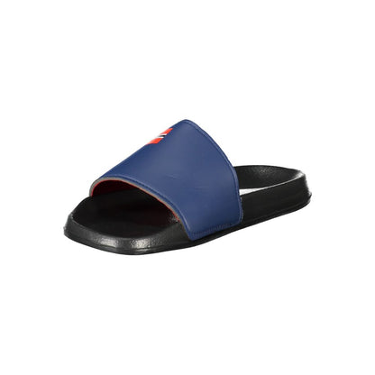 Norway 1963 Black Plastic Mens Sandal with blue strap, iconic logo, and bold design for trendsetting style and comfort.