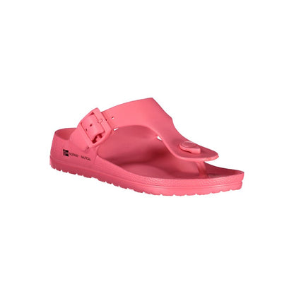Norway 1963 Pink Plastic Women Sandal with adjustable buckle and bold print, embodying chic comfort for summer fashion.
