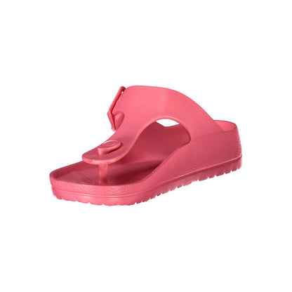 Norway 1963 Pink Plastic Women Sandal with adjustable buckle and bold print, perfect for summer fashion and comfort.