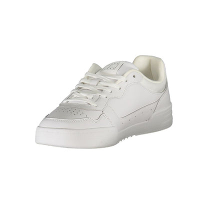 Tommy Hilfiger White Leather Mens Sneaker with brand logo, lace-up design, removable footbed for comfort, sporty and sleek aesthetic