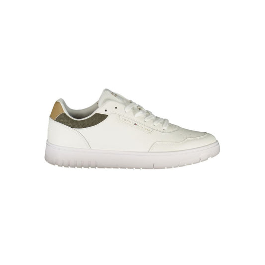 Tommy Hilfiger White Leather Men Sneaker with green and beige accents, featuring a comfortable removable insole and iconic branding.