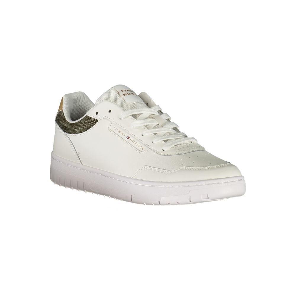 Tommy Hilfiger White Leather Men Sneaker with green and beige accents for a stylish and comfortable fit. Iconic Tommy brand logo visible.