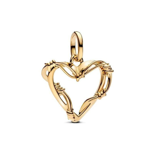Gold heart-shaped pendant from PANDORA Jewelry, model 762526C00, featuring intricate barbed wire design.