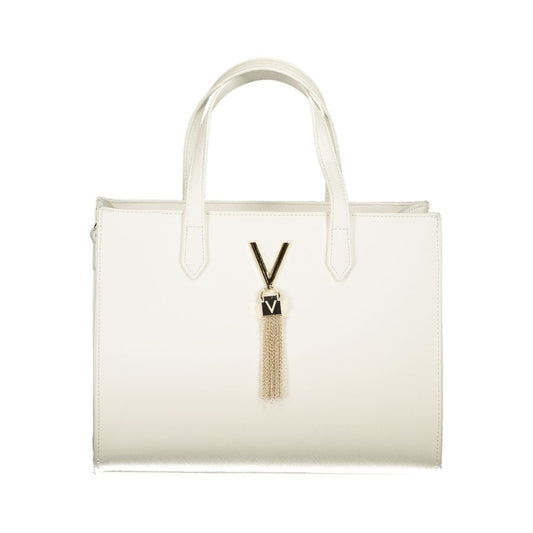 Mario Valentino White Polyethylene Handbag with logo, two handles, adjustable strap, zip closure, and internal pockets.