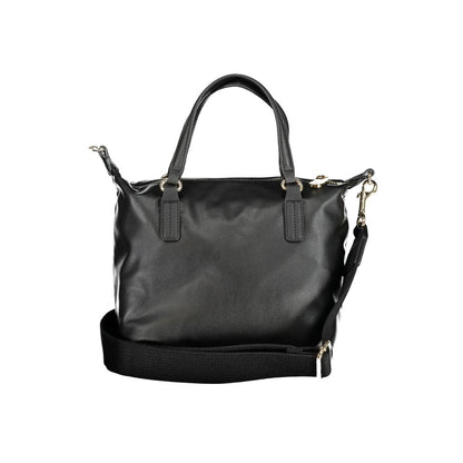 Tommy Hilfiger Black Polyester Handbag with adjustable strap, two handles, internal pocket, zip closure, and logo detail.