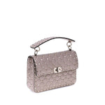 Valentino Garavani Medium Rockstud Spike Shoulder Bag in diamond-quilted leather with gold-tone studs and black leather handle.
