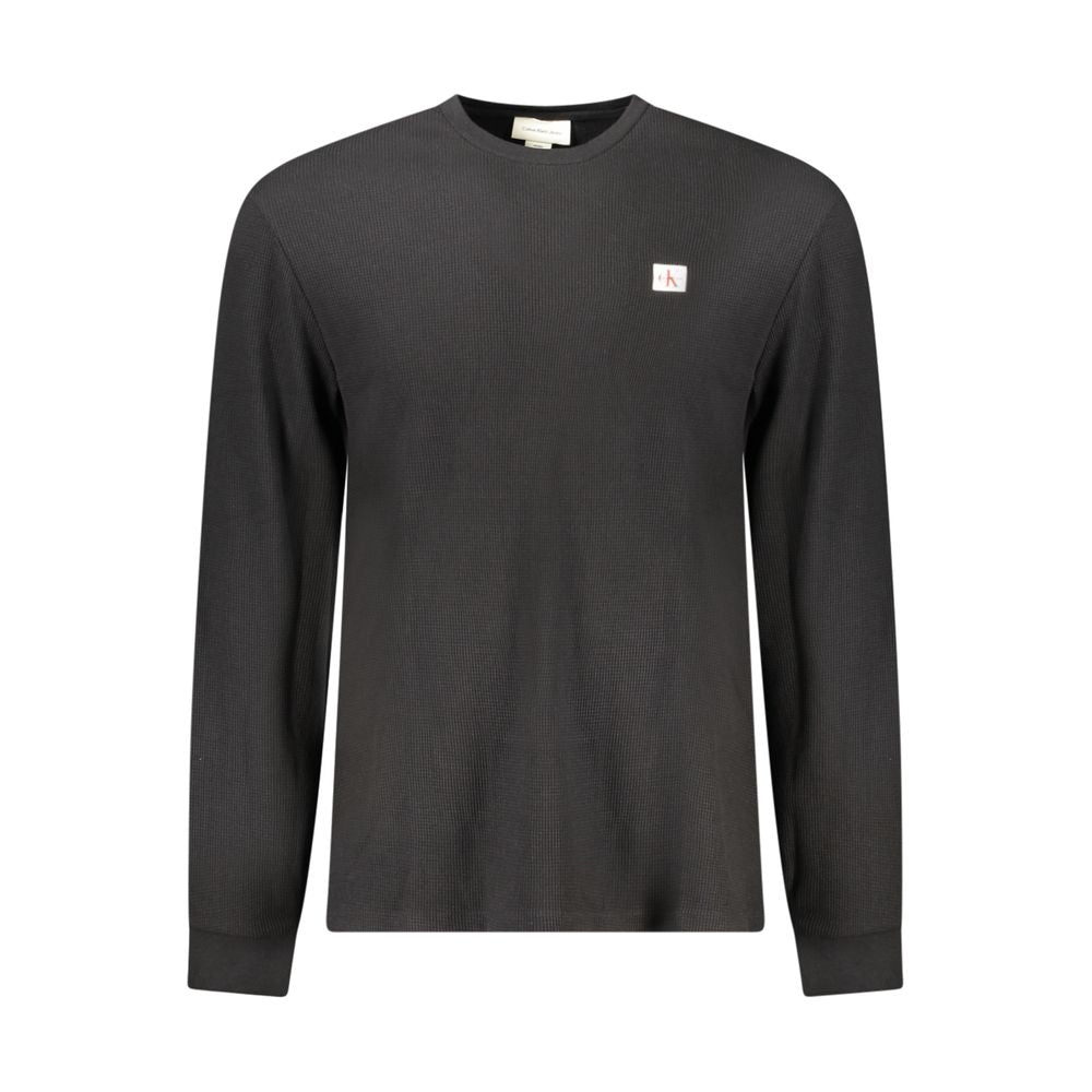 Calvin Klein Black Cotton Men Sweater with logo, long-sleeved crew neck design, perfect for modern style and comfort.