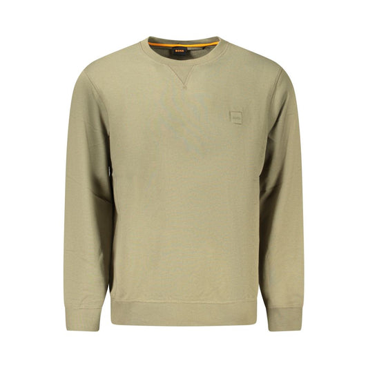 Hugo Boss Green Cotton Men Sweater with crew neck and logo embroidery, showcasing contemporary elegance and comfort.