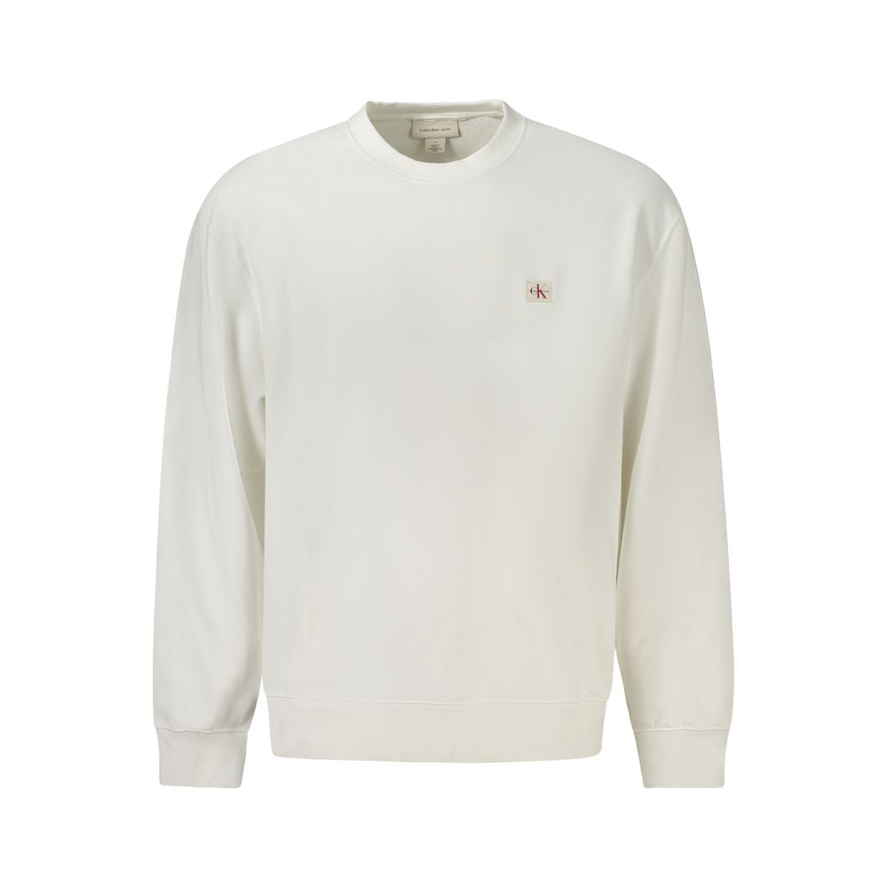 Calvin Klein White Cotton Men Sweater with crew neck and logo, stylish sustainable fashion piece for urban elegance.