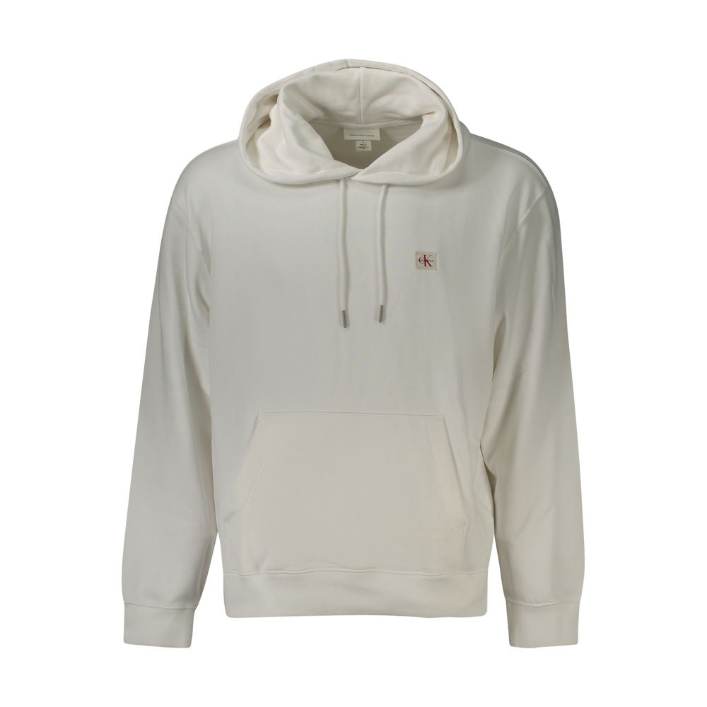 Calvin Klein White Cotton Men Sweater, cozy hooded design with central pocket and logo, perfect for modern sophisticated style.
