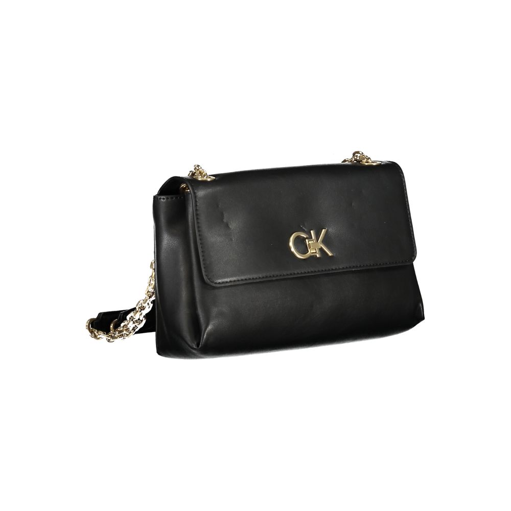 Calvin Klein Black Polyester Handbag with chain shoulder handles, external pocket, logo detail, and swivel closure.