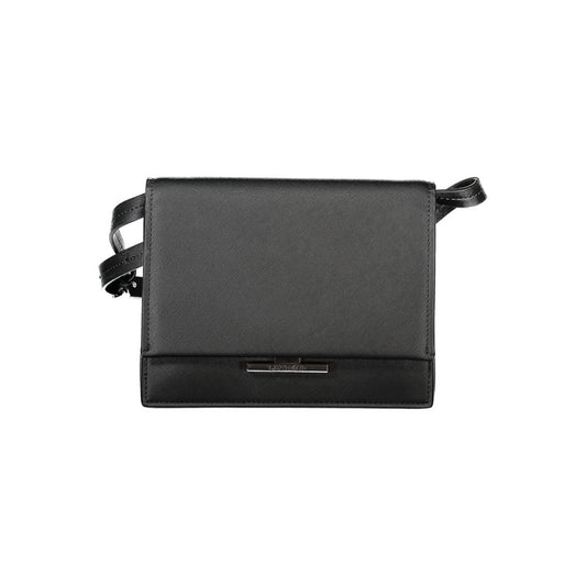 Calvin Klein Black Polyethylene Handbag with adjustable strap, three compartments, snap closure, and logo detailing.