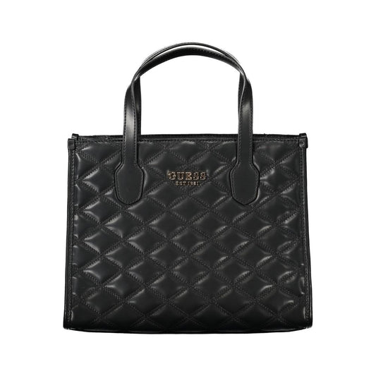 Guess Jeans Black Polyethylene Handbag with quilted design, dual handles, adjustable strap, protective feet, and logo detail.