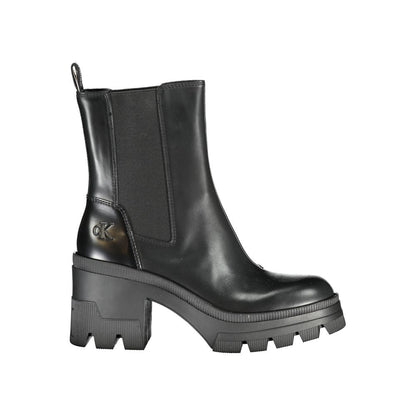 Calvin Klein Black Leather Women Boot with 8 cm heel and logo detail, showcasing sophisticated design and high-quality materials.