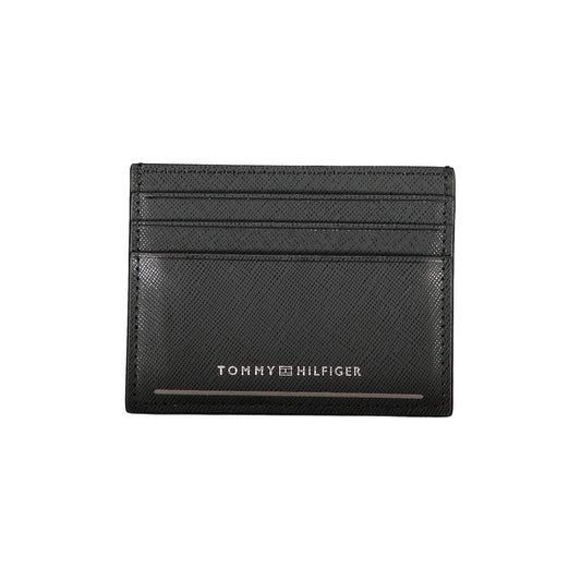 Tommy Hilfiger Black Leather Wallet with contrast details, logo, card holder, and central pocket.
